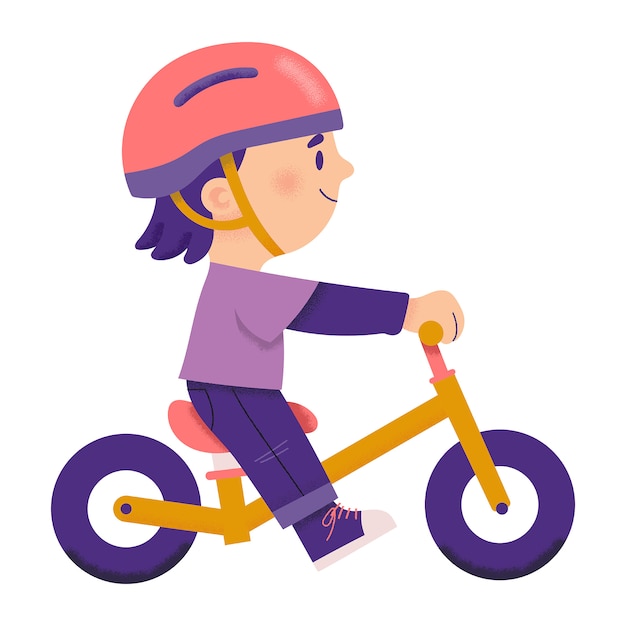 Ragazzo che guida una bici di spinta per allegro, illustrazione di carattere vettoriale