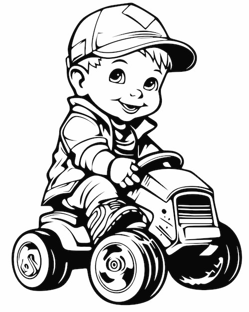 A boy driving a toy tractor with a hat on.