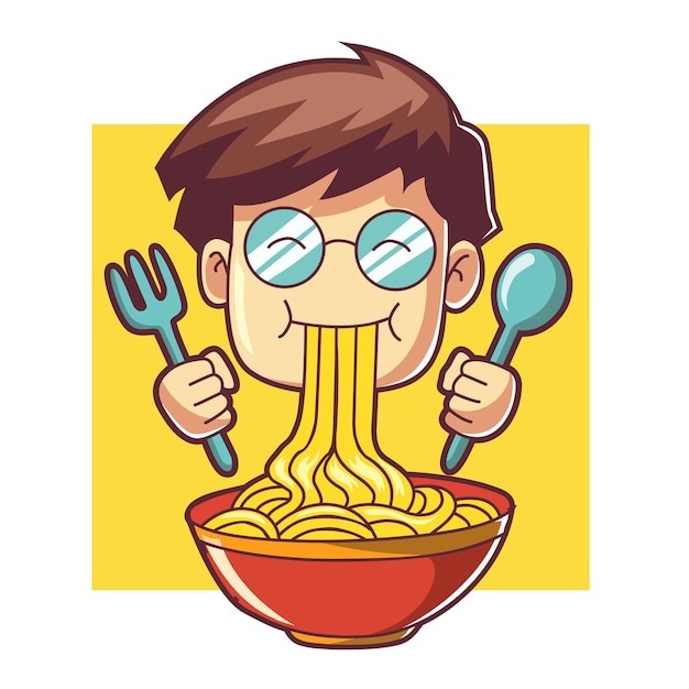 Il ragazzo mangia la tagliatella