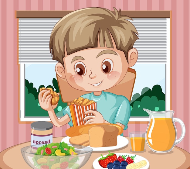 テーブルで朝食を食べる男の子