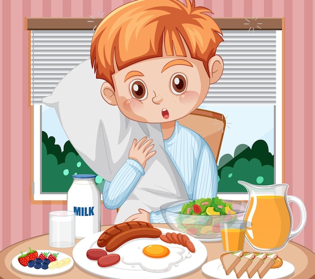 Vector a boy eating breakfast at the table