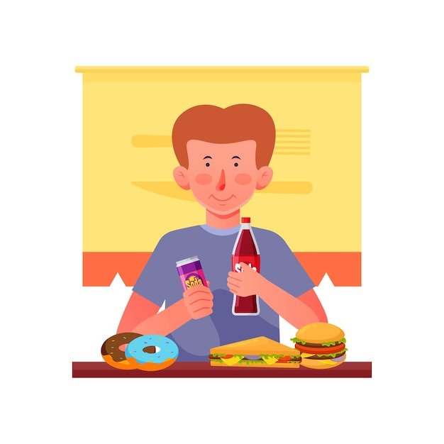 Vector boy eating junkfood illustration, drinking soda