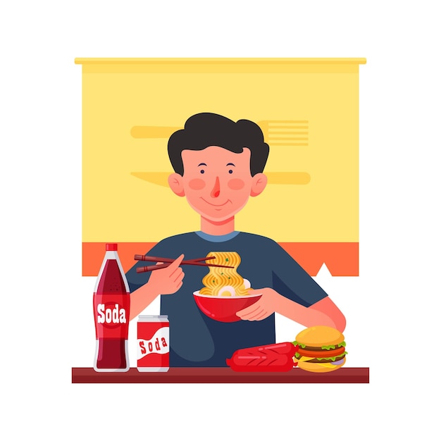 Boy eating junkfood illustration, eating noodles