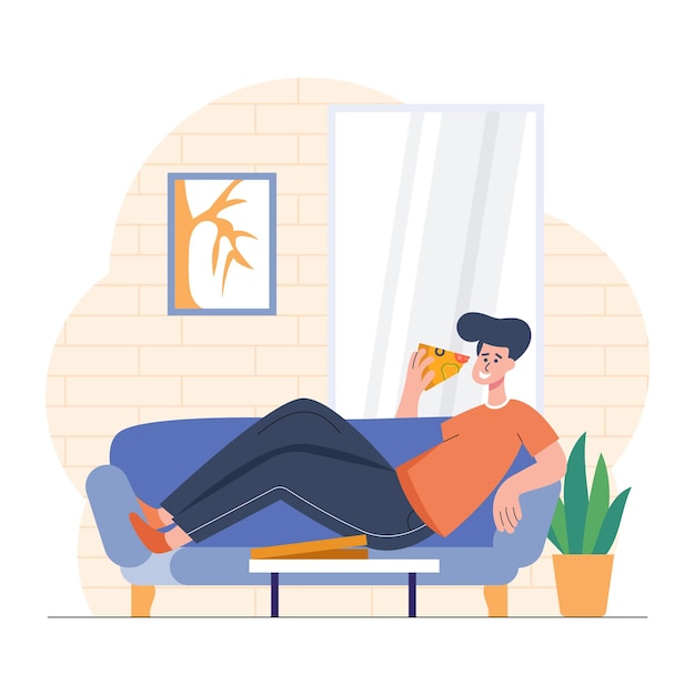 Boy Eating Pizza on sofa