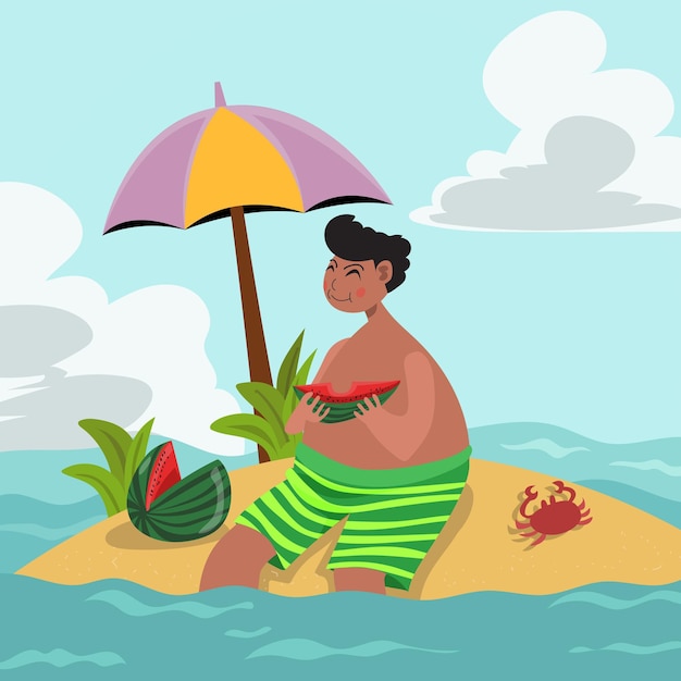 Vector boy eating watermelon at the beach hand drawn illustration