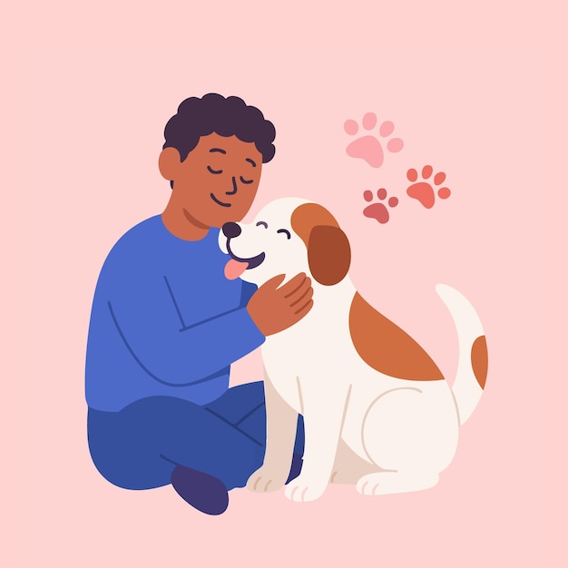 幸せな犬と過ごす時間を楽しんでいる少年