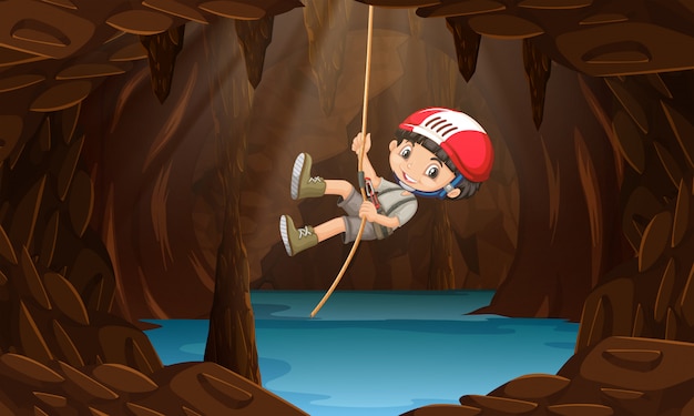 Vector a boy exploring the water cave