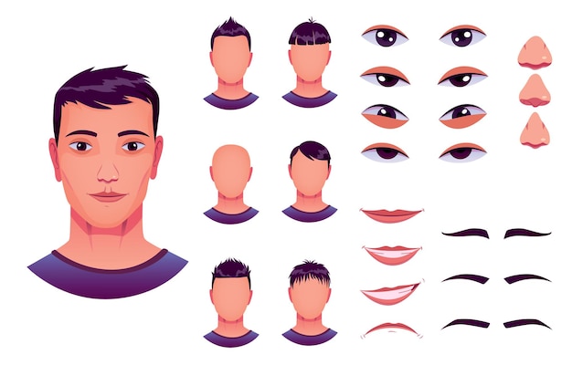 Boy face construction avatar creation with different head parts Vector cartoon set of young man or male eyes noses brows and lips Head pack for face generator isolated on white background