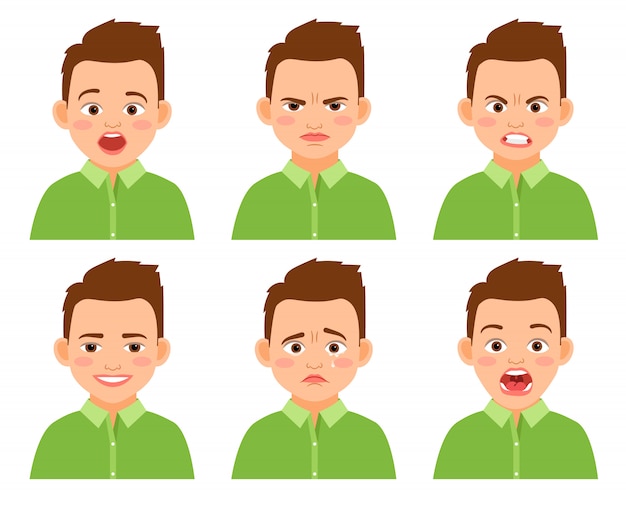 Boy face expression vector set. Amazed and sad, funny and hurt cartoon kid isolated