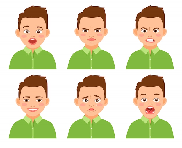 Boy face expression vector set. amazed and sad, funny and hurt cartoon kid isolated