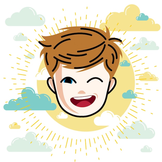 Boy face, vector human head illustration. Redhead kid winking.