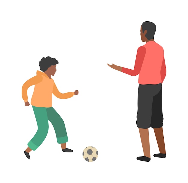 Vector boy and father play football. son playing with young dad, happy family training outdoor sport activities