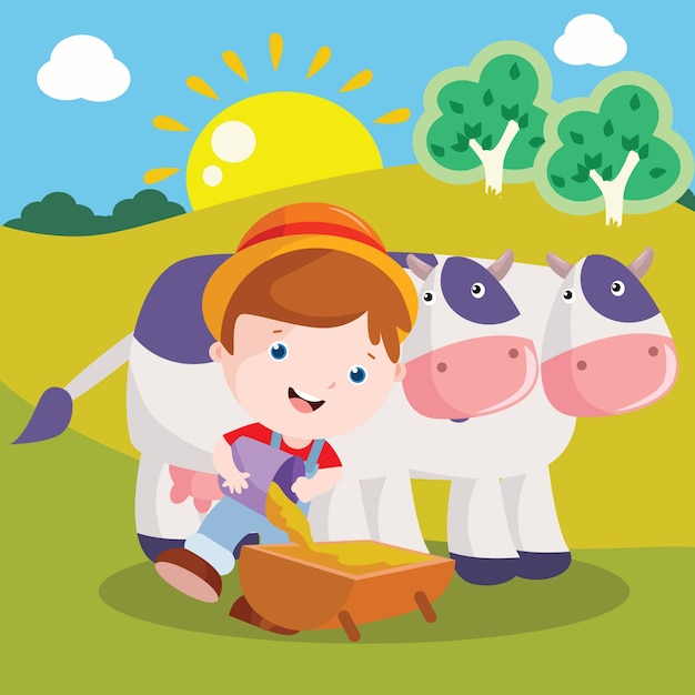 Boy Feed Cow Cartoon Illustration