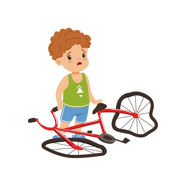 Vector boy feeling unhappy with his bike broken vector illustration isolated on a white background