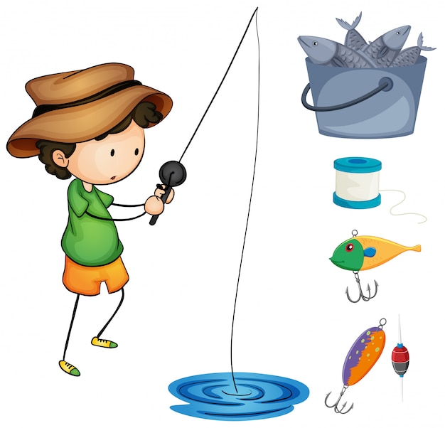 Vettore ragazzo pesca e articoli da pesca