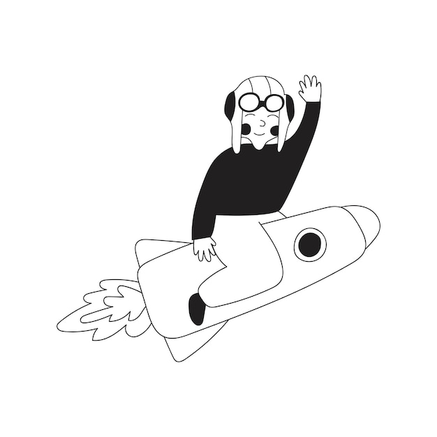 Boy flying on space rocket Vector outline illustration on white background