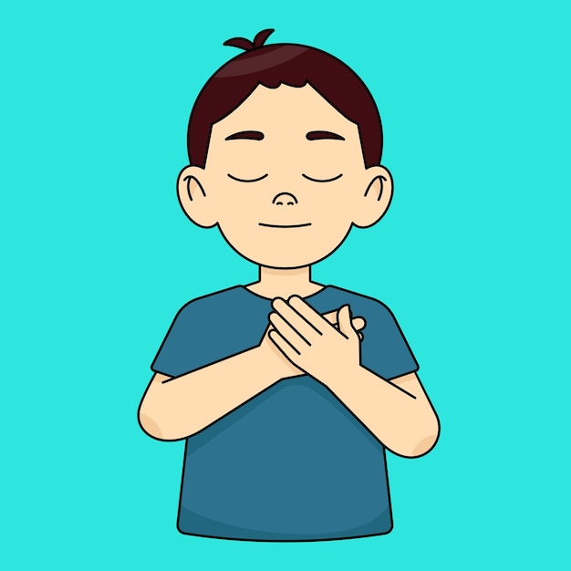The boy folds his arms on his chest expresses gratitude keeps his eyes closed
