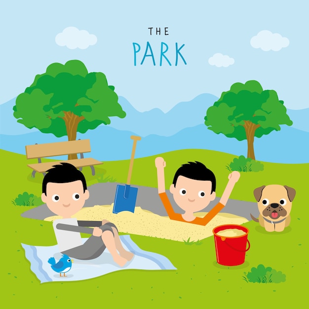 Boy and friend play activity relax at park cartoon character