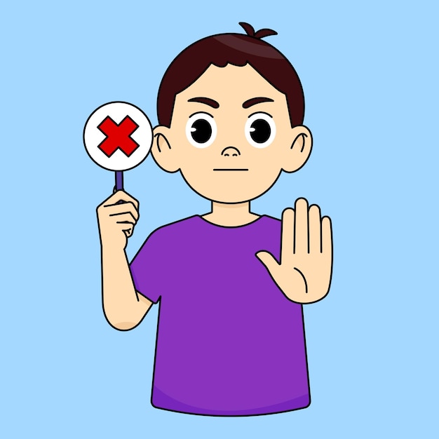 The boy frowns looks serious holds a red cross sign and shows a stop gesture refuses something bad