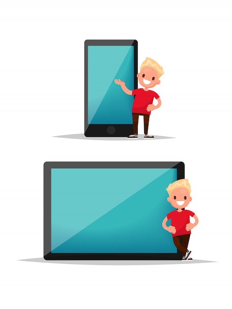 Vector boy and gadgets. a boy stands near the phone and tablet.