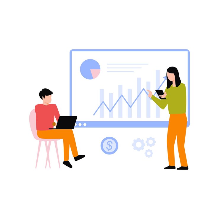 Vector a boy and a girl are discussing a finance graph