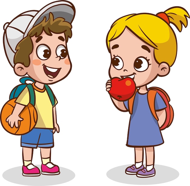 A boy and a girl are eating an apple.