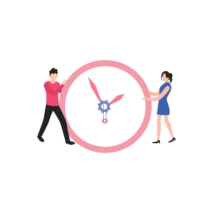 Vector boy and girl are fixing the time