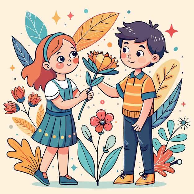 Vector a boy and a girl are holding flowers and a girl is holding a bouquet of flowers