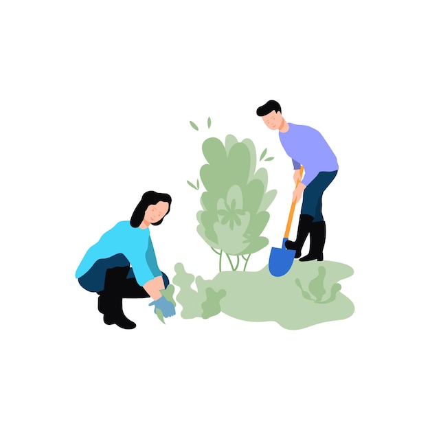 A boy and a girl are planting plants in the park
