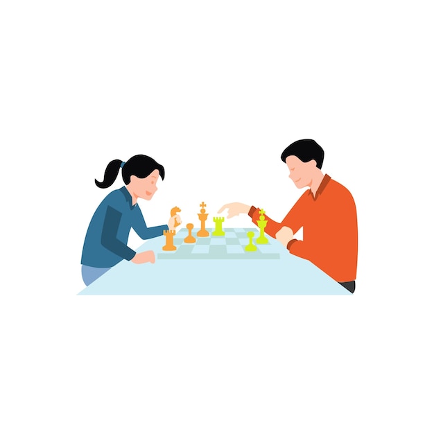 A boy and a girl are playing chess