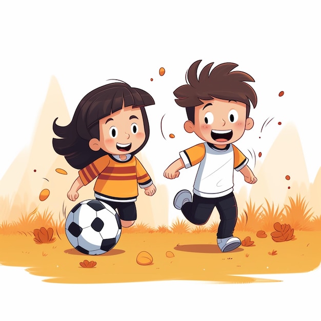 秋の季節に少年と少女がフットボールをしている