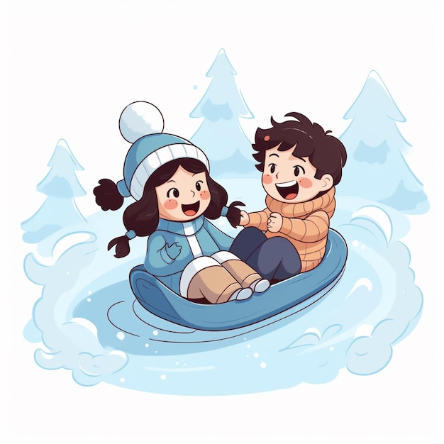 boy and girl are playing sliding in the winter season