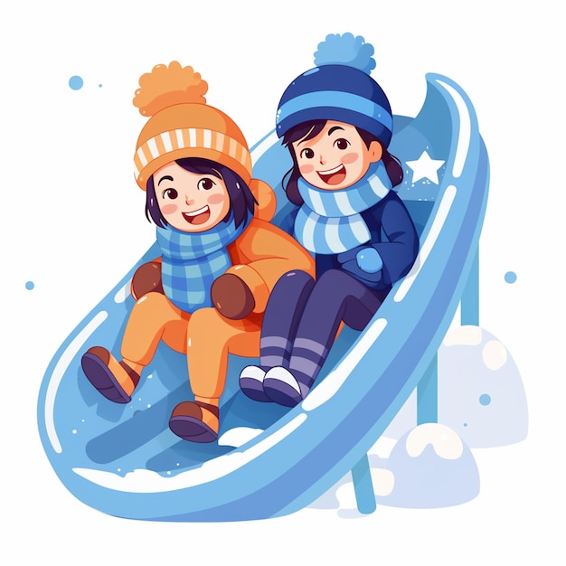 Un ragazzo e una ragazza stanno giocando a scivolare in inverno