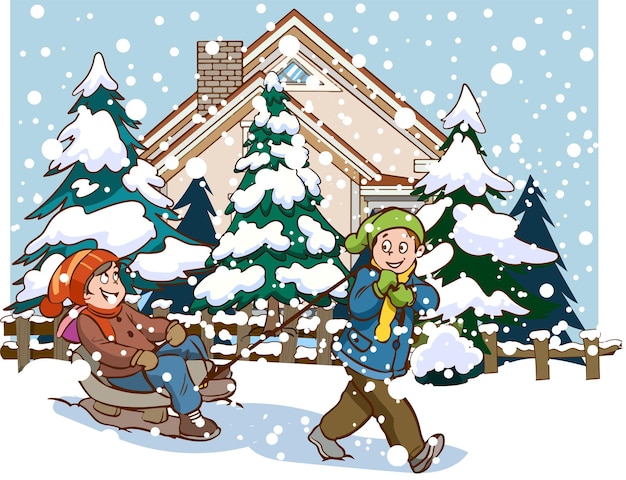 A boy and girl are playing in a snow scene.