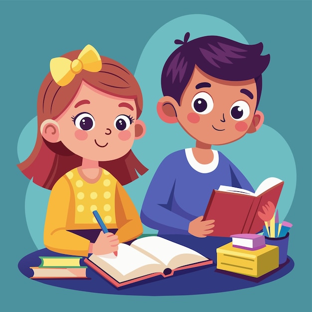 a boy and girl are reading a book with the words quot the boy is reading quot