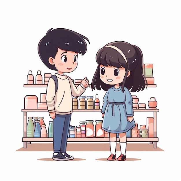 男の子と女の子が店で買い物をしています