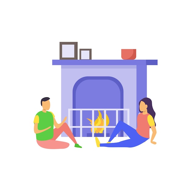 A boy and a girl are sitting by the fireplace