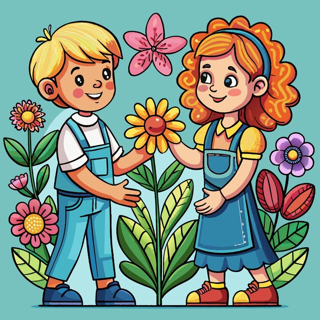 Vettore un ragazzo e una ragazza sono in piedi davanti a un fiore