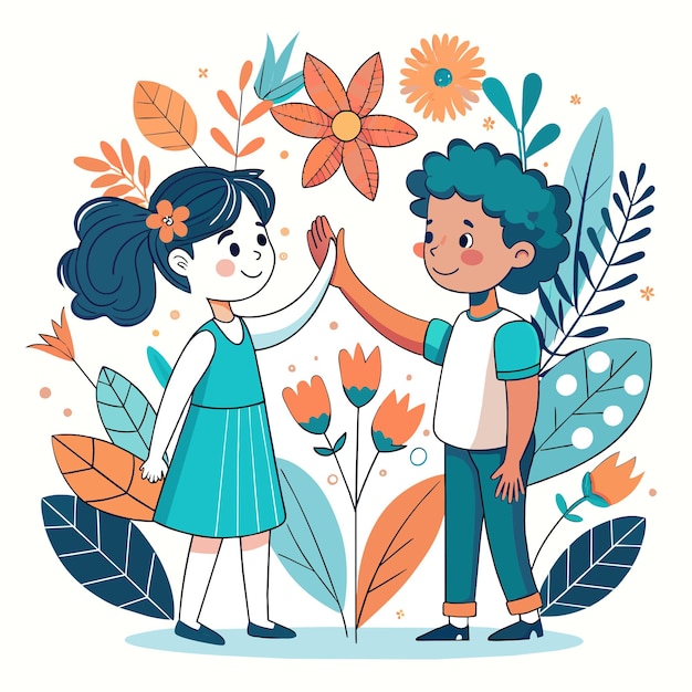 Vector a boy and girl are standing in a garden with flowers and butterflies