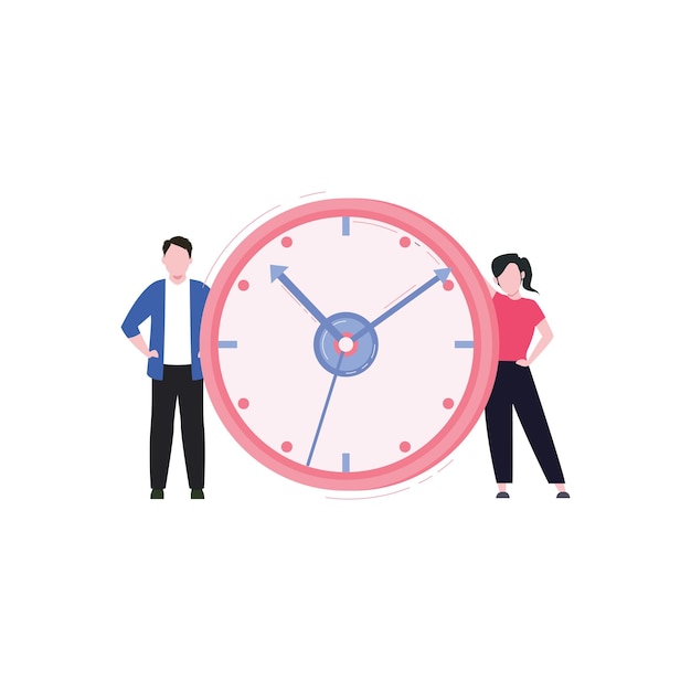 a boy and a girl are standing near a clock