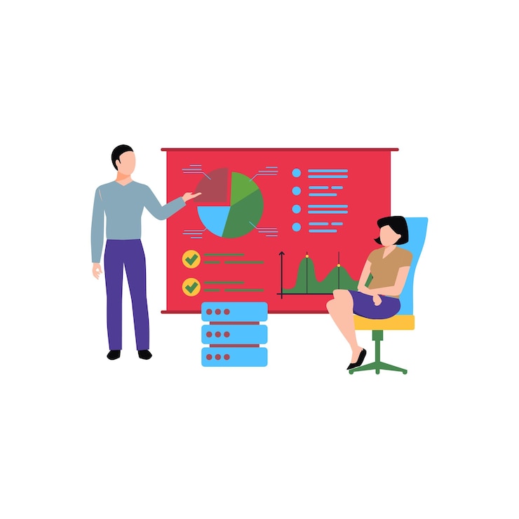 Vector a boy and a girl are talking about a chart graph