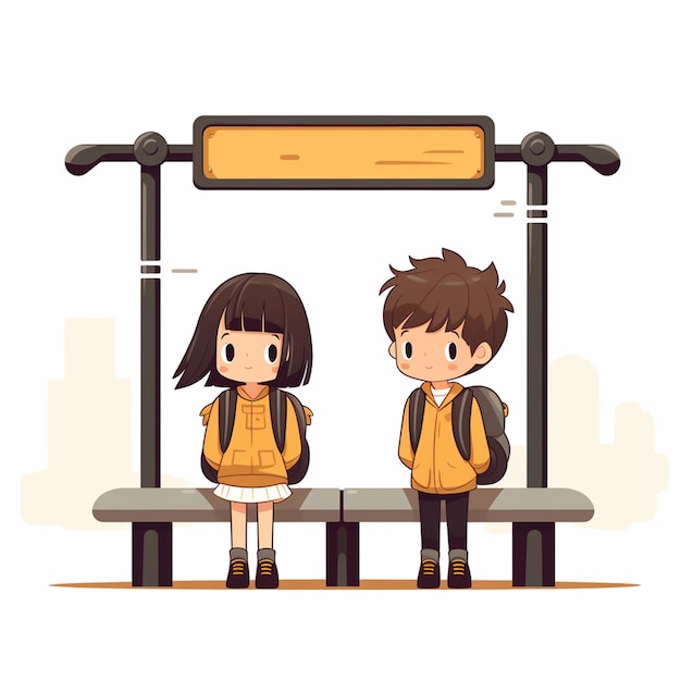 소년과 소녀는 역에서 학교 버스를 기다리고 있습니다.