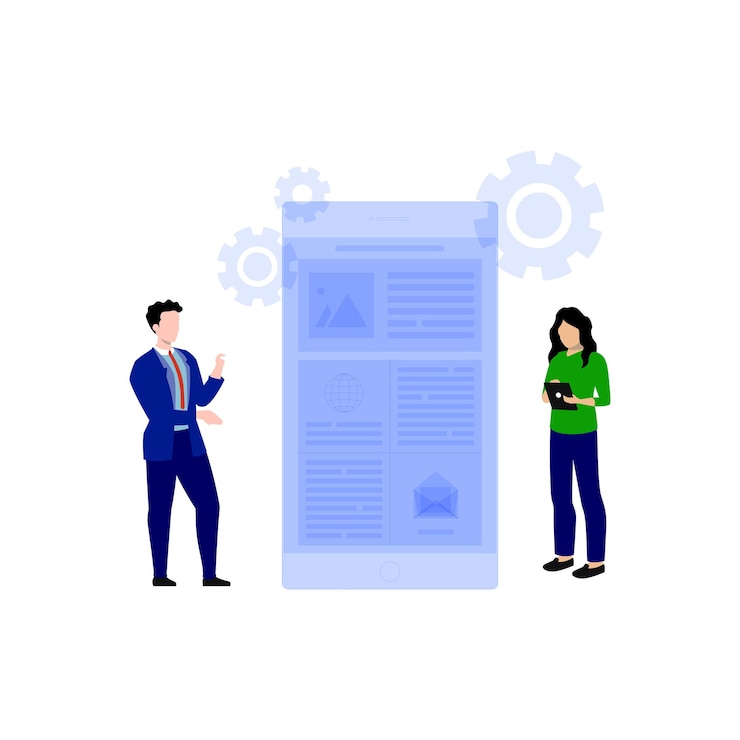 Vector boy and girl are working on mobile management