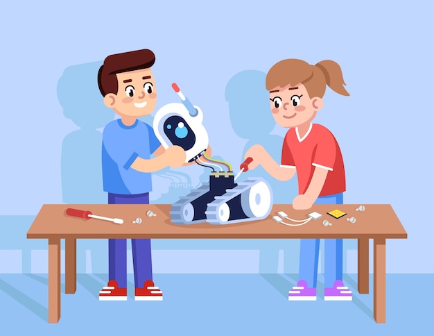 Boy and girl assemble robot flat vector illustration