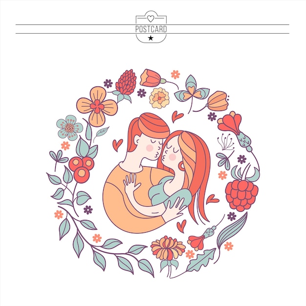 Vector boy and girl. bride and groom. love. vector illustration in a linear fashion. valentine's day card.  couple in love framed by a floral wreath.