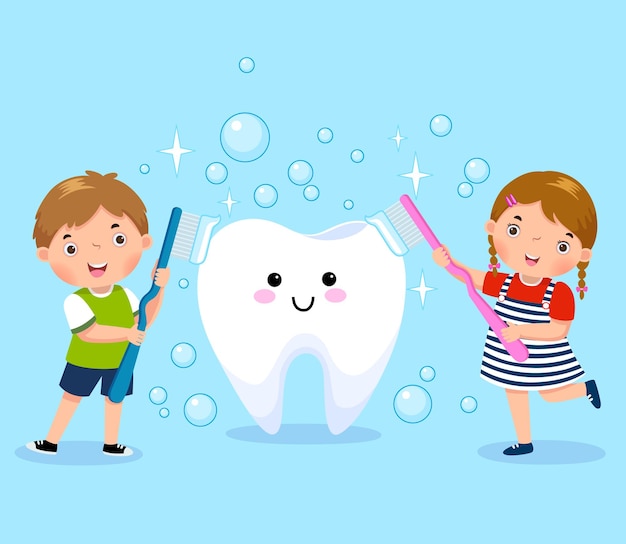 Vector boy and girl brushing white tooth