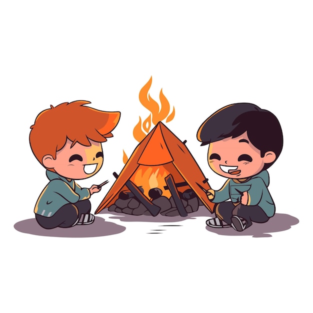 Boy and girl camping by the campfire isolated on white background