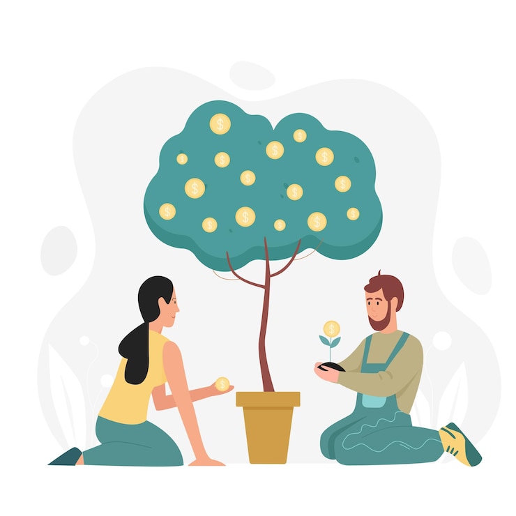 Vector boy and girl caring about pot money tree