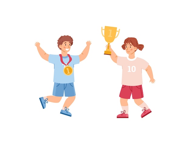 Boy and girl champions with gold cup and medal flat vector illustration isolated