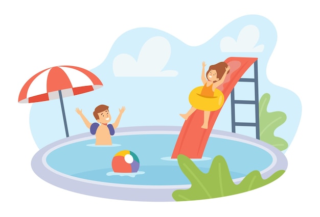 Vector boy and girl characters in swimwear playing in swimming pool. kids having fun on summer vacation. children on rings